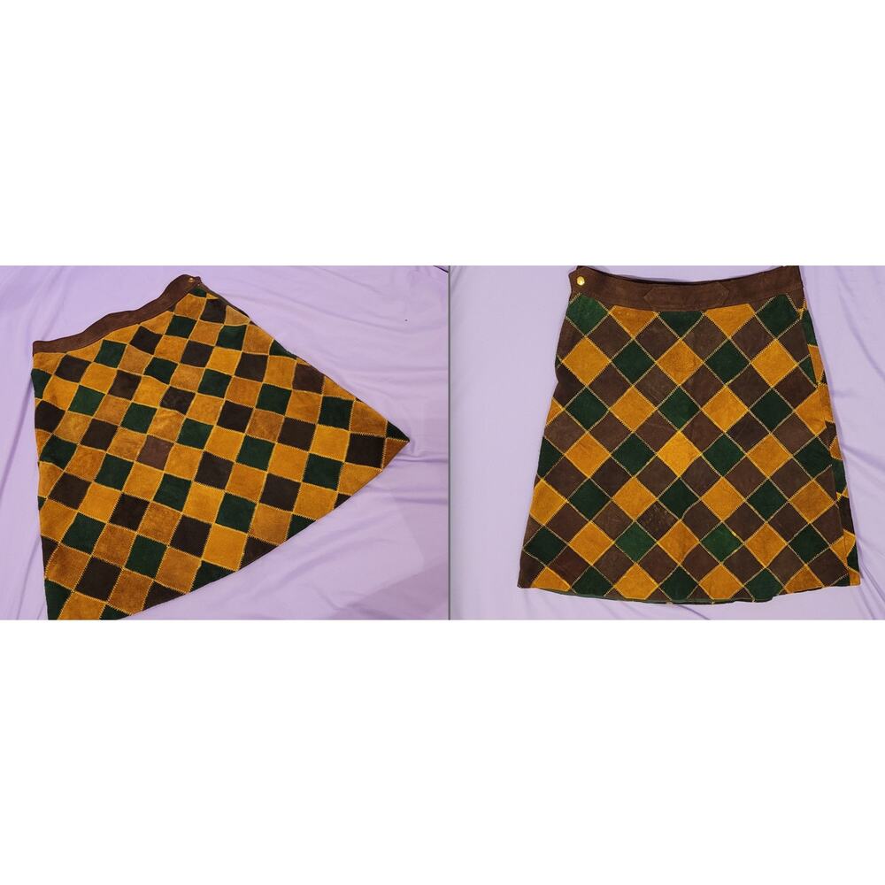 70s duel pattern Leather Patchwork Backgammon Vintage Skirt Sz Small Medium